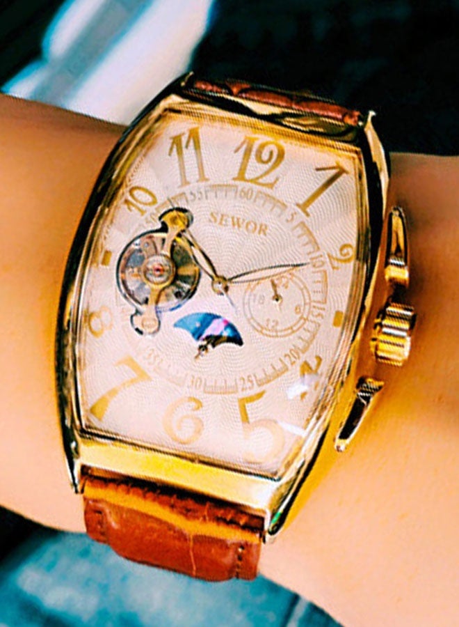 SEWOR Watches for Men Men Mechanical Watch Barrel Shaped Skeleton Design Leather Strap Waterproof Stylish and Trendy Men Watch High Appearance Value Cool and Popular Men Watch Best Choice - Image 2